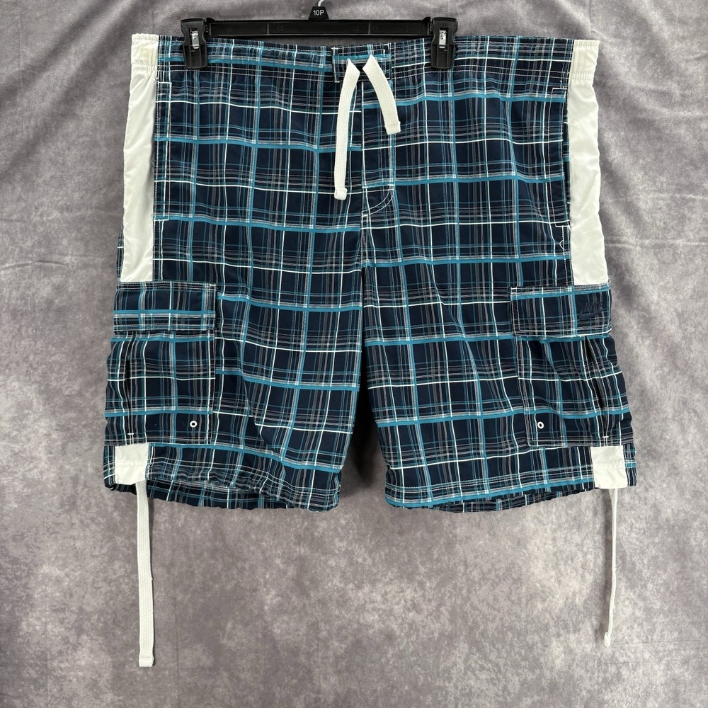 Vtg Nike Sportswear Mens 2XL XXL Gray Plaid Swim Cargo Board Shorts Trunks Y2K